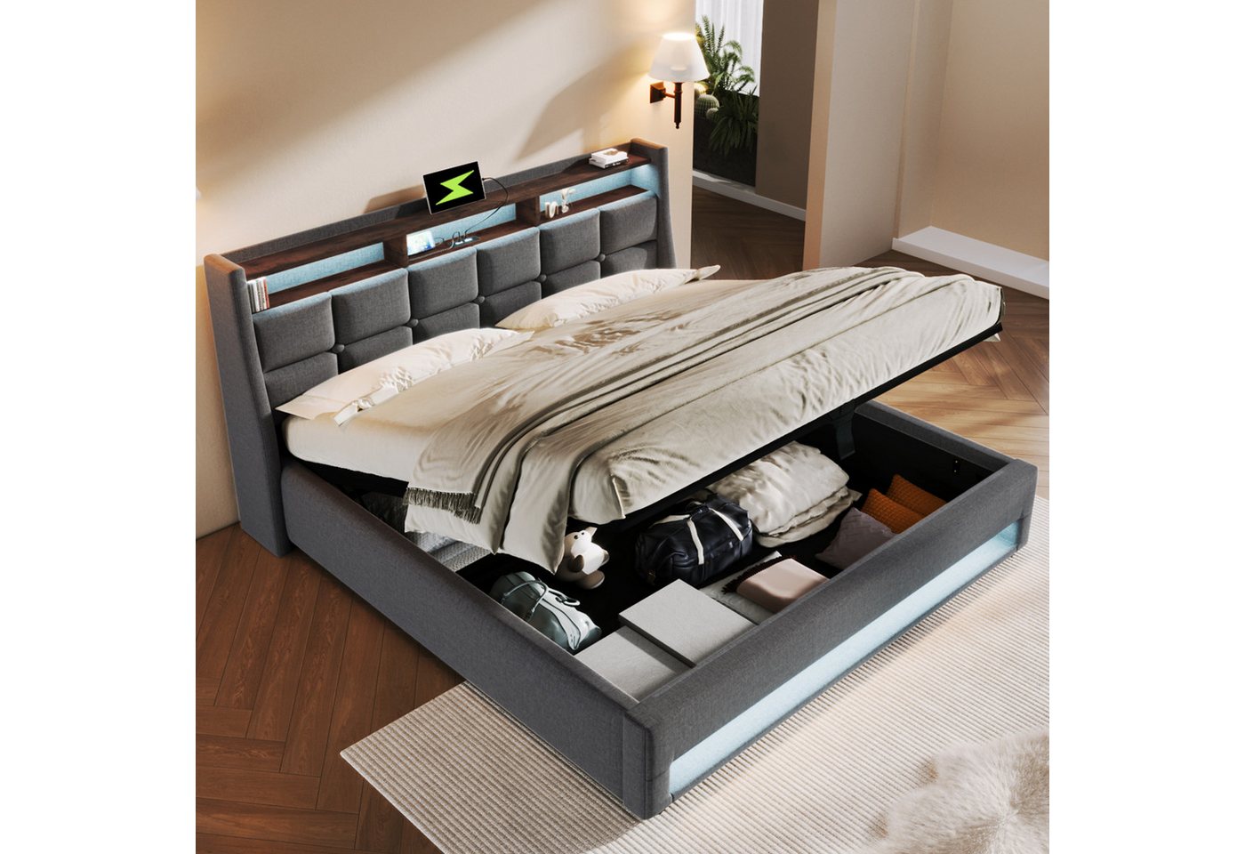 Odikalo Stauraumbett Polsterbett USB Lattenrost Leinen Metallrahmen 90/140/160/180x200cm (Bettgestell aus Leinenmaterial Jugendbett (Ohne Matratze)Grau/Beige) von Odikalo