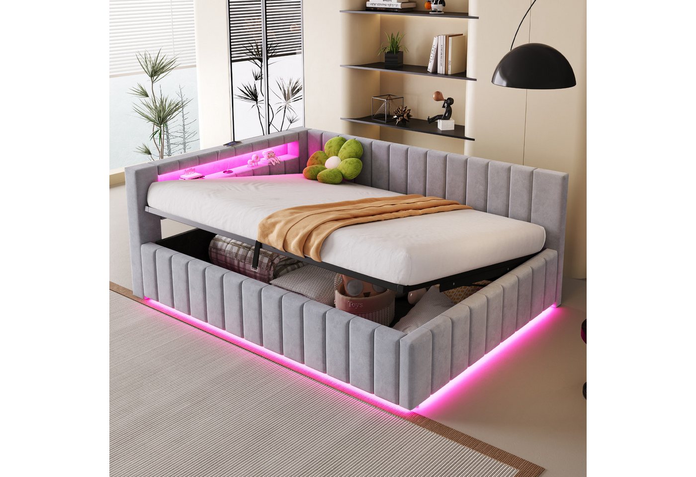 Odikalo Stauraumbett Schlafsofa Polsterbett Jugendbett Hydraulik USB 140x200cm Mehrfarbig von Odikalo