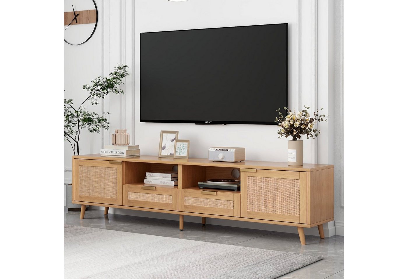 Odikalo TV-Schrank Holz-TV-Ständer mit Echtholzfüßen Rattandesign 200*37*49cm Rot/Natur von Odikalo
