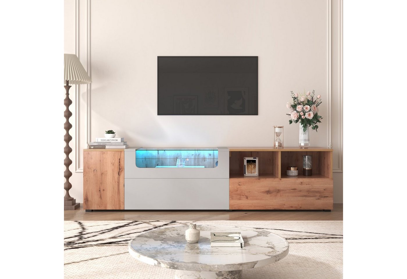 Odikalo TV-Schrank Lowboard Sideboard Lagerschrank LED Glasplatte Fächer Tür Grau/Weiss von Odikalo