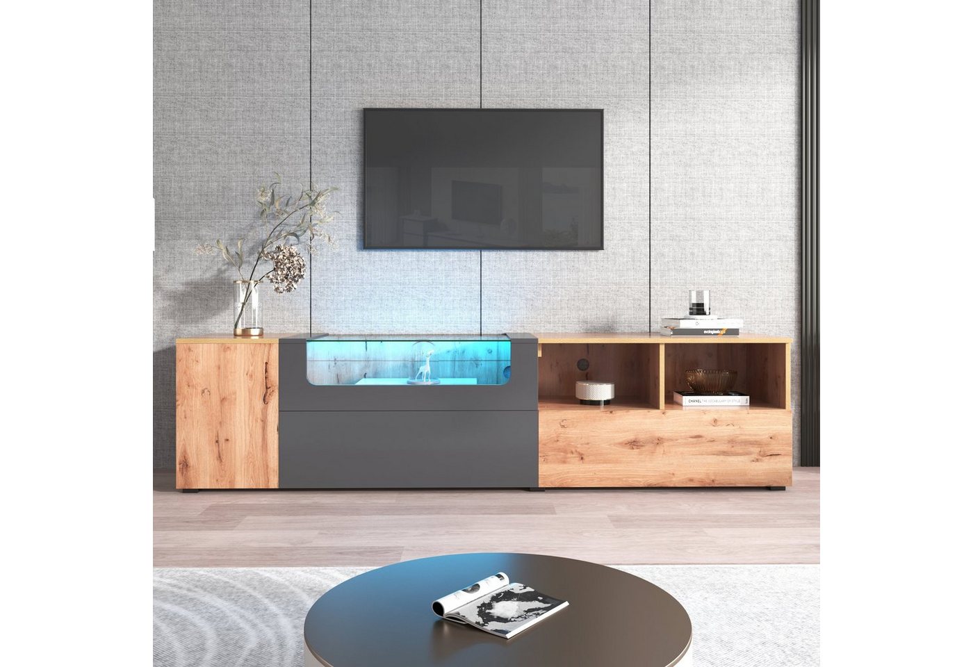 Odikalo TV-Schrank Lowboard Sideboard Lagerschrank LED Glasplatte Fächer Tür Grau/Weiss von Odikalo