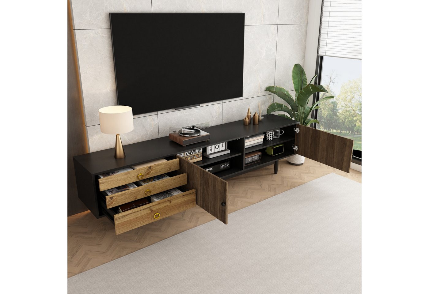 Odikalo TV-Schrank Lowboard TV-Bank Fernsehschrank Türpaneelen Schubladen Schwarz+Natur Odikalo TV-Schrank Lowboard TV-Bank Fernsehschrank Türpaneelen Schubladen Schwarz+Natur von Odikalo