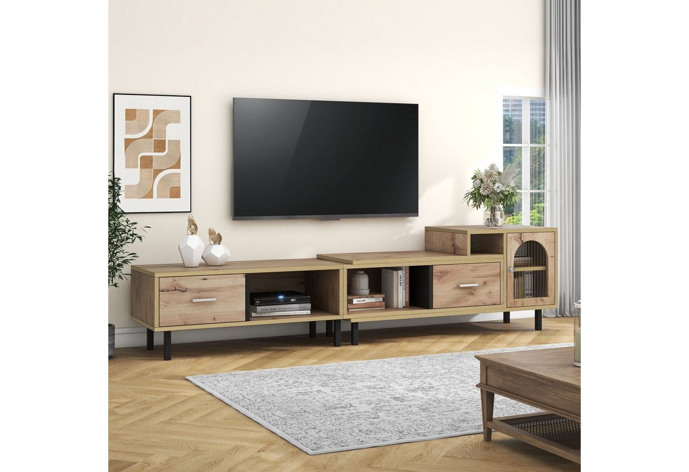 Odikalo TV-Schrank Sideboard Erweiterbar Holzoptik 4 Fächer 2 Glastür 200-278 cm Natur von Odikalo