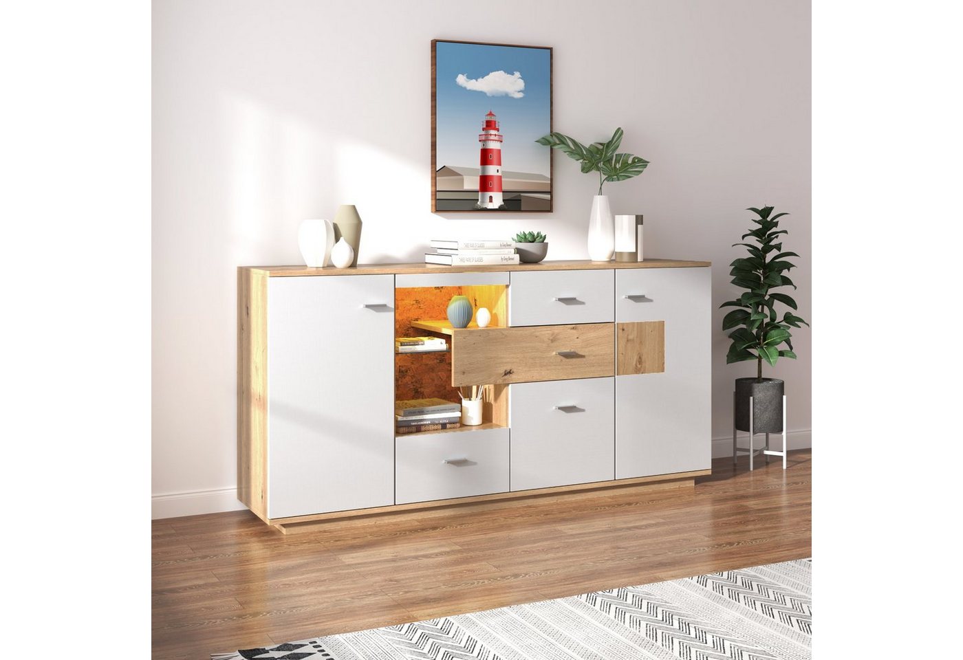 Odikalo TV-Schrank Sideboard Schrank LED 2 Türen 4 Schubladen, Glasablage, Kommode Weiß von Odikalo