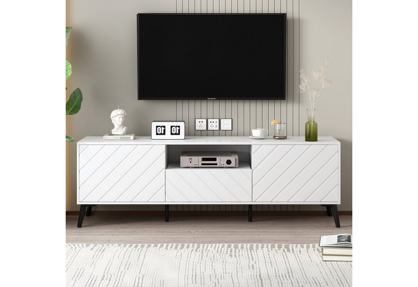 Odikalo TV-Schrank TV-Ständer Sideboard 2 Türen 2 Schubladen Trennwänden Metallfüße Weiß von Odikalo