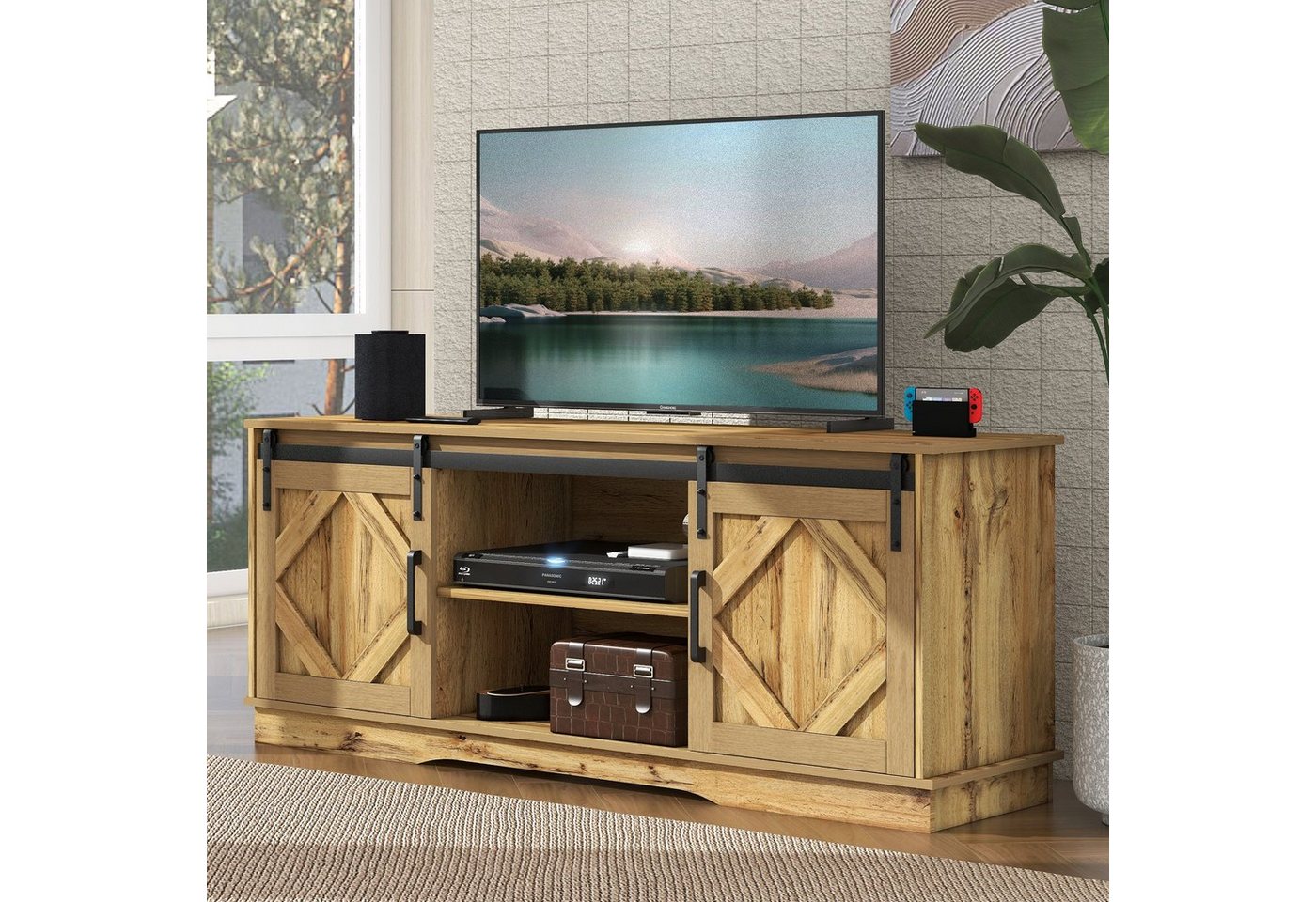 Odikalo TV-Schrank TV Stand Sideboard mit 2 Schiebetüren, einstellbare Regale weiβ/braun von Odikalo