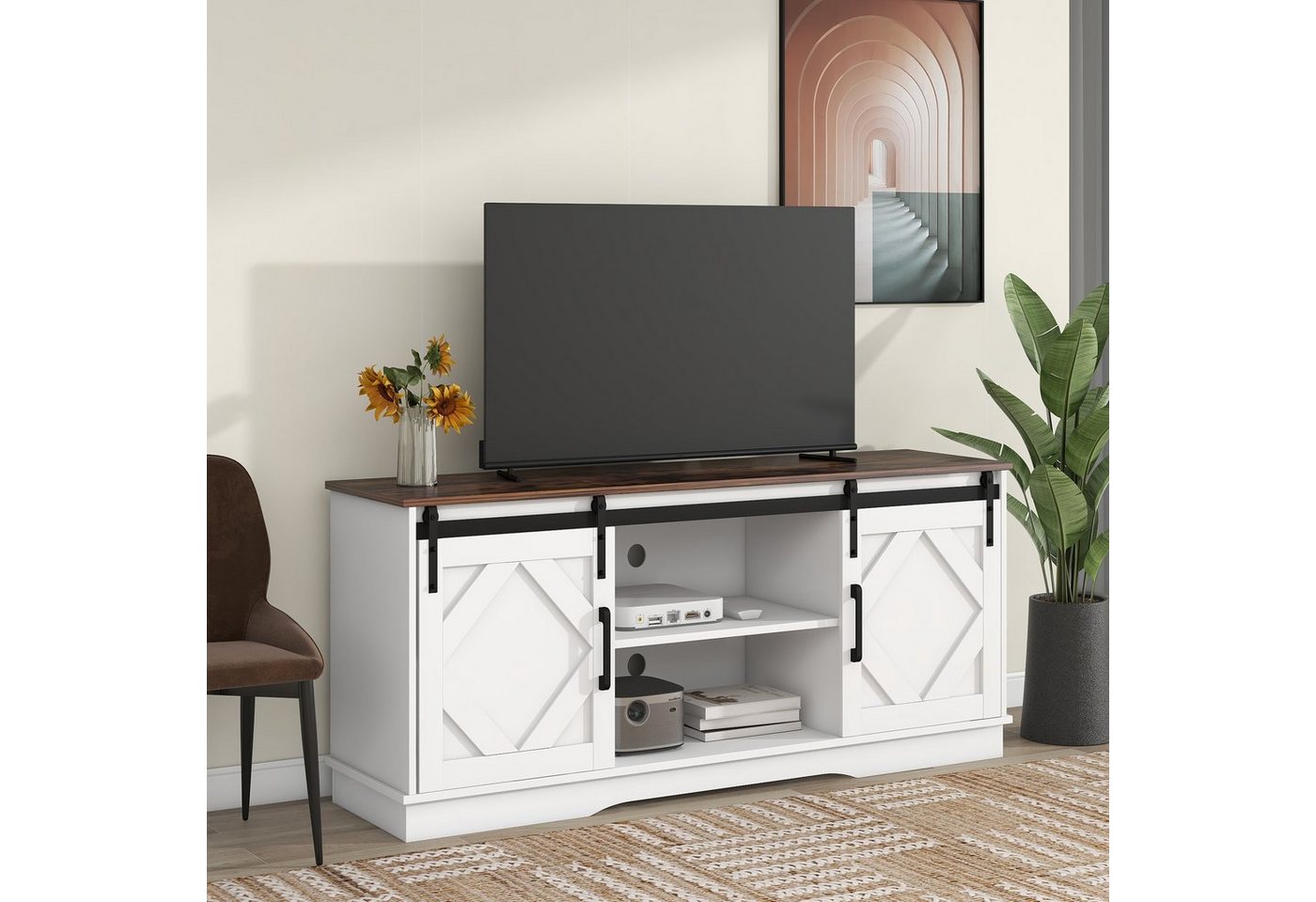 Odikalo TV-Schrank TV Stand Sideboard mit 2 Schiebetüren, einstellbare Regale weiβ/braun von Odikalo