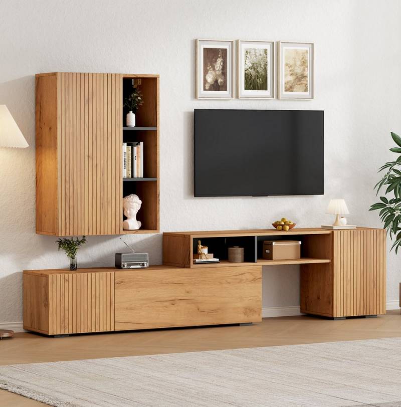 Odikalo Wohnzimmer-Set Couchtisch und TV-Schrank, 2er-Set, (Modernes 2-teiliges TV-Wohnwand-Set in Holzfarbe-Schwarz mit flexibel verstellbarer Länge von 174-265cm, bestehend aus TV-Board mit 4 Türen und 2 offenen Schubladen sowie Wandschrank mit Vitrine - wahlweise stehend oder hängend montierbar) von Odikalo