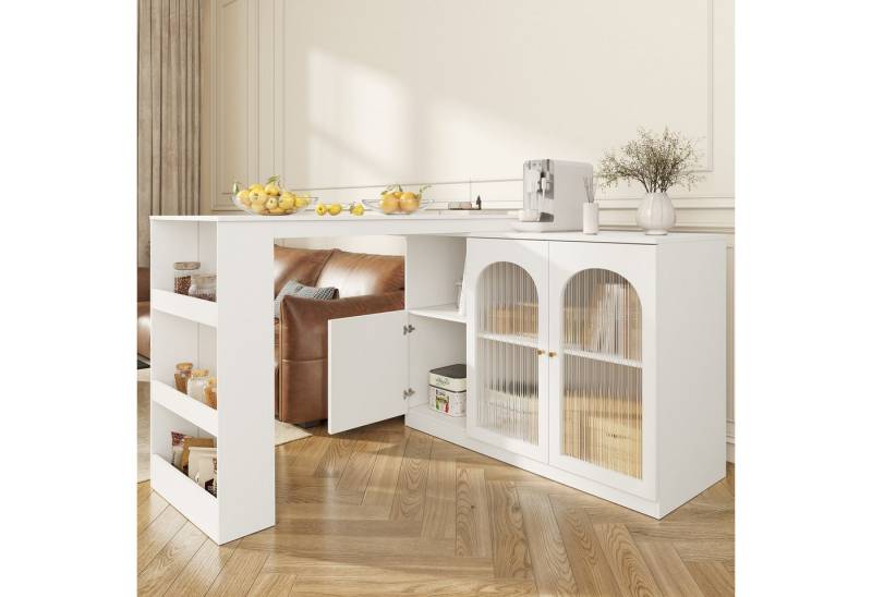 Odikalo Tresentisch Stehtisch Couchtisch Schwenkbar Stauraum Glastür120x40x97 Weiß/Schwarz von Odikalo