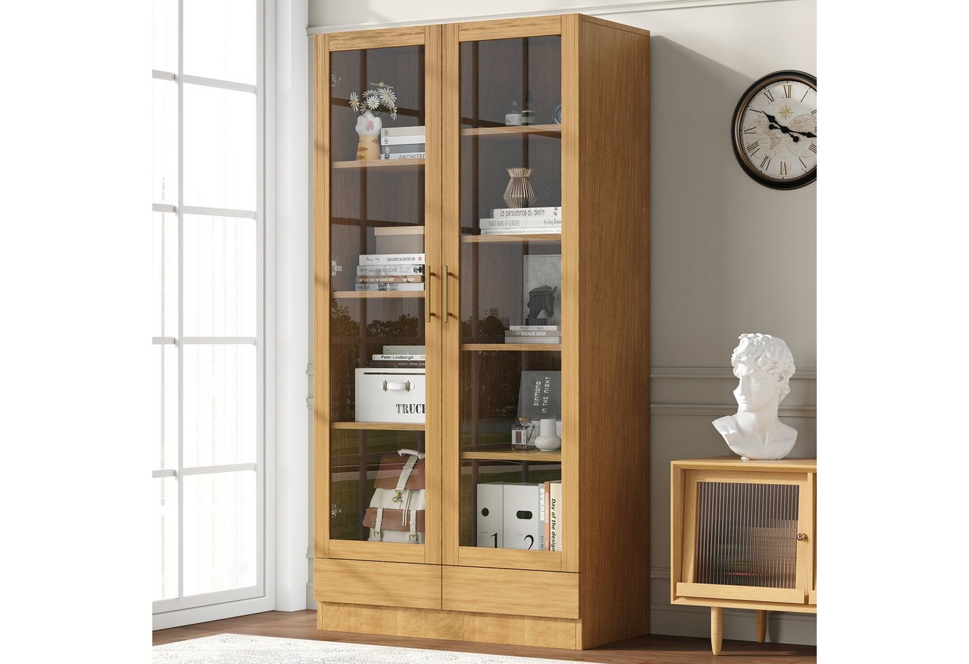 Odikalo Vitrine Hochschrank mit Glastüren (Glasvitrine (Büroschrank/Bücherregal/Aktenschrank/Aufbewahrungsregal) – Versetzte, nicht verstellbare Fachböden, grifflose Push-To-Open-Schubladen, 80*40*160 cm, Holzfarbe) von Odikalo