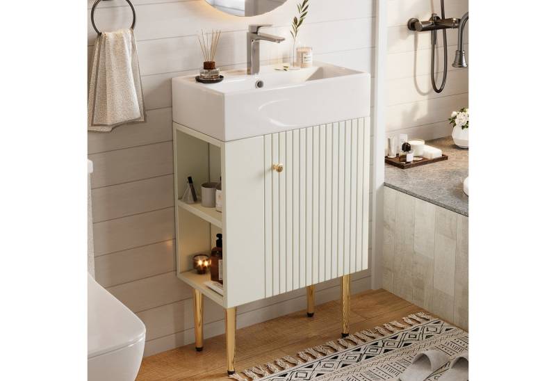 Odikalo Waschtisch Badmöbel Keramik-Waschbecken Unterschrank Gästebadmöbel Grau Weiß von Odikalo