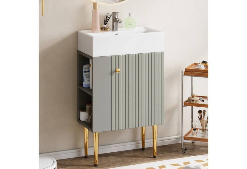 Odikalo Waschtisch Badmöbel Keramik-Waschbecken Unterschrank Gästebadmöbel Grau Weiß von Odikalo