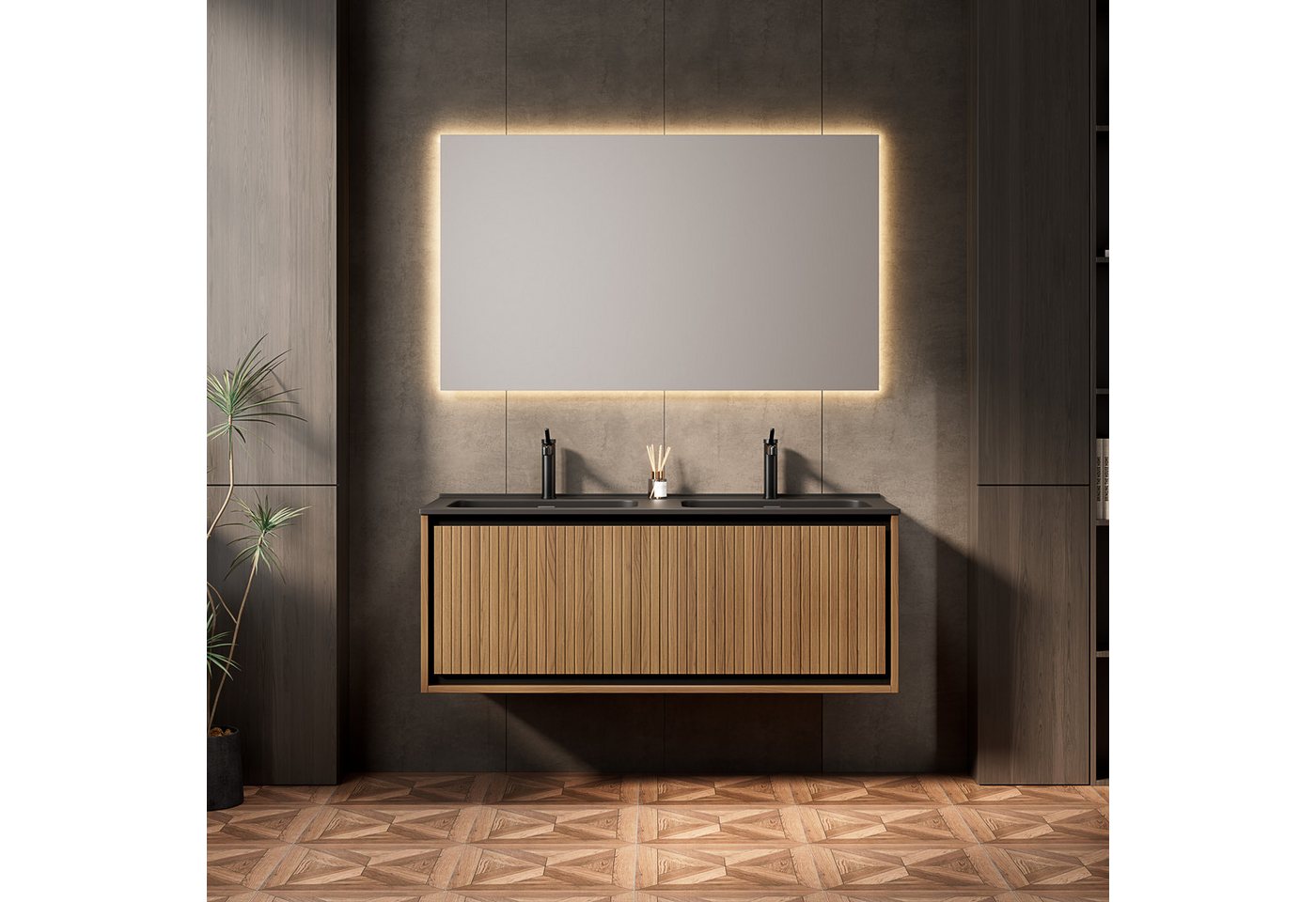 Odikalo Waschtisch Doppelwaschtisch mit Waschbecken Badmöbel Unterschrank (121cm Wandhalterung Badezimmer-Waschtisch mit 2 rechteckigen Waschbecken aus schwarzem Harz, Vertikale gestreift Sperrholzschrank mit 2 Schubladen, vormontiert, Espresso-Holzmaserung Farbe) von Odikalo