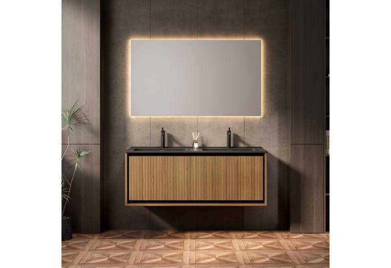 Odikalo Waschtisch Doppelwaschtisch mit Waschbecken Badmöbel Unterschrank (121cm Wandhalterung Badezimmer-Waschtisch mit 2 rechteckigen Waschbecken aus schwarzem Harz, Vertikale gestreift Sperrholzschrank mit 2 Schubladen, vormontiert, Espresso-Holzmaserung Farbe) Odikalo Waschtisch Doppelwaschtisch mit Waschbecken Badmöbel Unterschrank (121cm Wandhalterung Badezimmer-Waschtisch mit 2 rechteckigen Waschbecken aus schwarzem Harz, Vertikale gestreift Sperrholzschrank mit 2 Schubladen, vormontiert, Espresso-Holzmaserung Farbe) von Odikalo