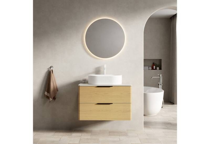 Odikalo Waschtisch mit Waschbecken Badmöbel Unterschrank (75cm / 90cm Schwebender Badezimmer-Waschtisch mit Weißem Ovalem Waschbecken, Travertin-Sintersteinplatte, Gebogene Kanten Sperrholzschrank mit 2 Schubladen, Corolla Eiche Holzmaserung Farb) Odikalo Waschtisch mit Waschbecken Badmöbel Unterschrank (75cm / 90cm Schwebender Badezimmer-Waschtisch mit Weißem Ovalem Waschbecken, Travertin-Sintersteinplatte, Gebogene Kanten Sperrholzschrank mit 2 Schubladen, Corolla Eiche Holzmaserung Farb) von Odikalo