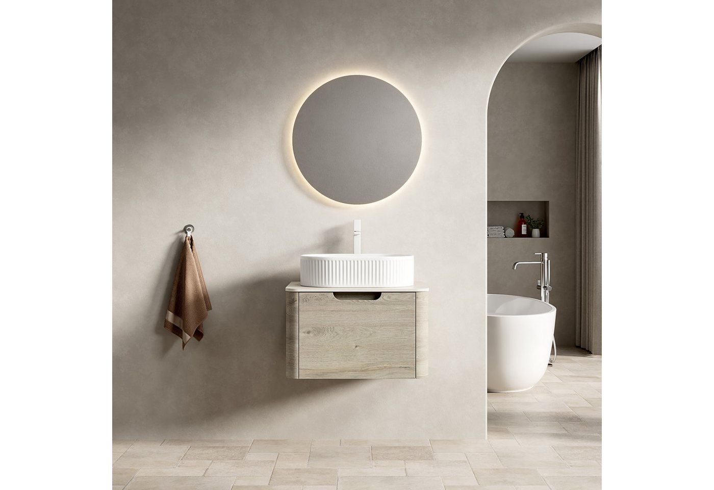 Odikalo Waschtisch mit Waschbecken Badmöbel Unterschrank (RAMI 60cm / 80cm Schwebender Badezimmer-Waschtisch mit Weißem Ovalem Waschbecken, Travertin-Sintersteinplatte, Gebogene Kanten Sperrholzschrank mit Schublade, Vormontiert, Eiche cremefarbene Holzmaserung) von Odikalo