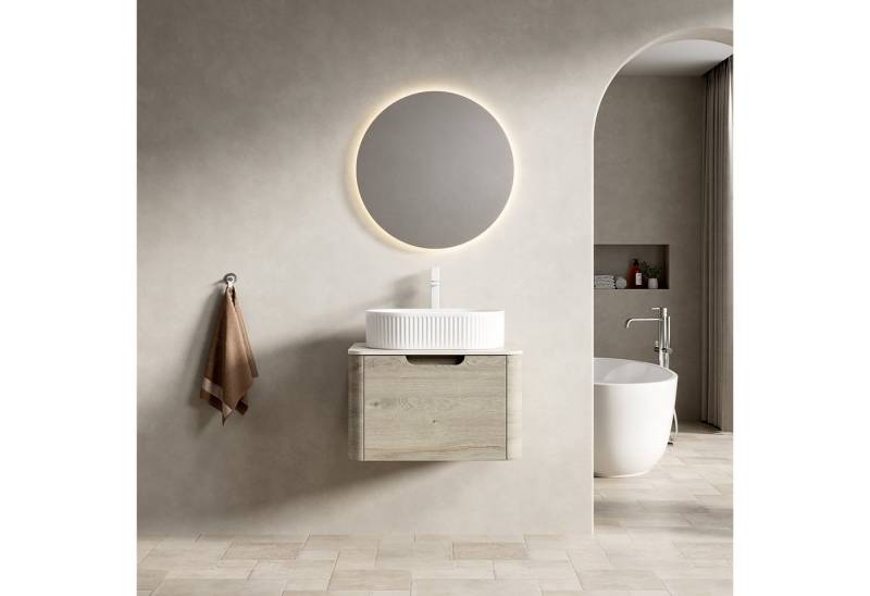 Odikalo Waschtisch mit Waschbecken Badmöbel Unterschrank (RAMI 60cm / 80cm Schwebender Badezimmer-Waschtisch mit Weißem Ovalem Waschbecken, Travertin-Sintersteinplatte, Gebogene Kanten Sperrholzschrank mit Schublade, Vormontiert, Eiche cremefarbene Holzmaserung) von Odikalo