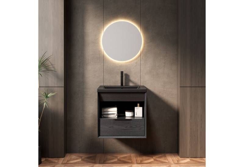 Odikalo Waschtisch mit Waschbecken Badmöbel Unterschrank Wandhalterung (ANSON schwimmender Badezimmer-Waschtisch mit Integriertem Unterbauwaschbecken aus Keramik, Kabgeschrägter Kante Sperrholzschrank mit Regal und Schublade, Vormontiert, Schwarzer Holzmaserung Farbe) Odikalo Waschtisch mit Waschbecken Badmöbel Unterschrank Wandhalterung (ANSON schwimmender Badezimmer-Waschtisch mit Integriertem Unterbauwaschbecken aus Keramik, Kabgeschrägter Kante Sperrholzschrank mit Regal und Schublade, Vormontiert, Schwarzer Holzmaserung Farbe) von Odikalo