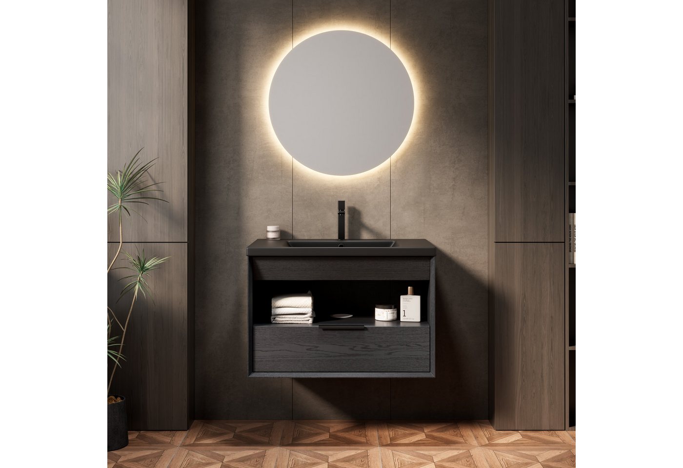 Odikalo Waschtisch mit Waschbecken Badmöbel Unterschrank Wandhalterung (ANSON schwimmender Badezimmer-Waschtisch mit Integriertem Unterbauwaschbecken aus Keramik, Kabgeschrägter Kante Sperrholzschrank mit Regal und Schublade, Vormontiert, Schwarzer Holzmaserung Farbe) von Odikalo