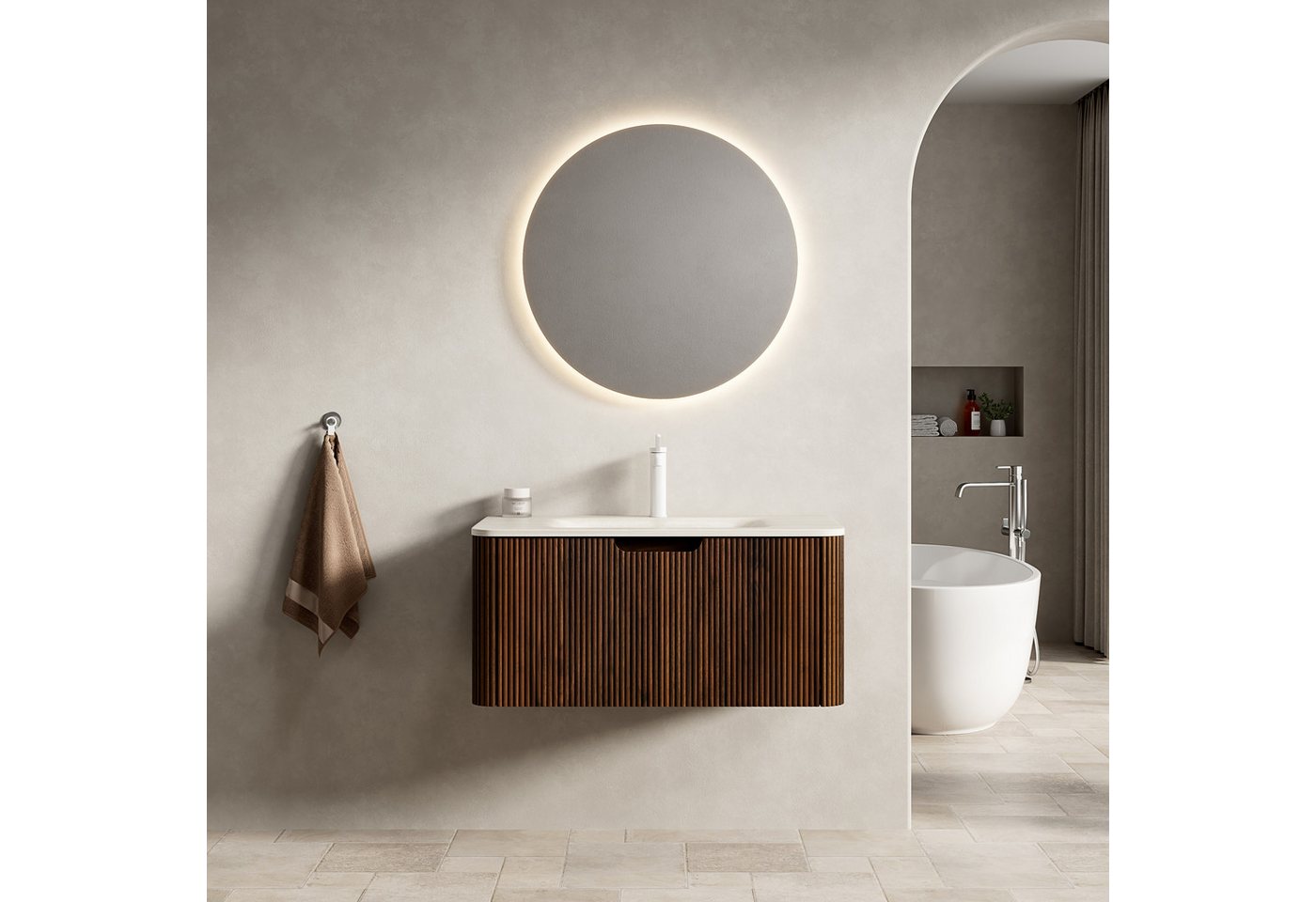 Odikalo Waschtisch mit Waschbecken Badmöbel Unterschrank Wandhalterung (ROZ 60cm / 80cm Wandmontie Badezimmer-Waschtisch mit Roma Travertin gesinterter Stein heißgebogenes Unterbau-Waschbecken, Gestreiftem Sperrholz Schrank mit Schublade, Vormontiert, Walnuss Holzmaserung Farbe) von Odikalo