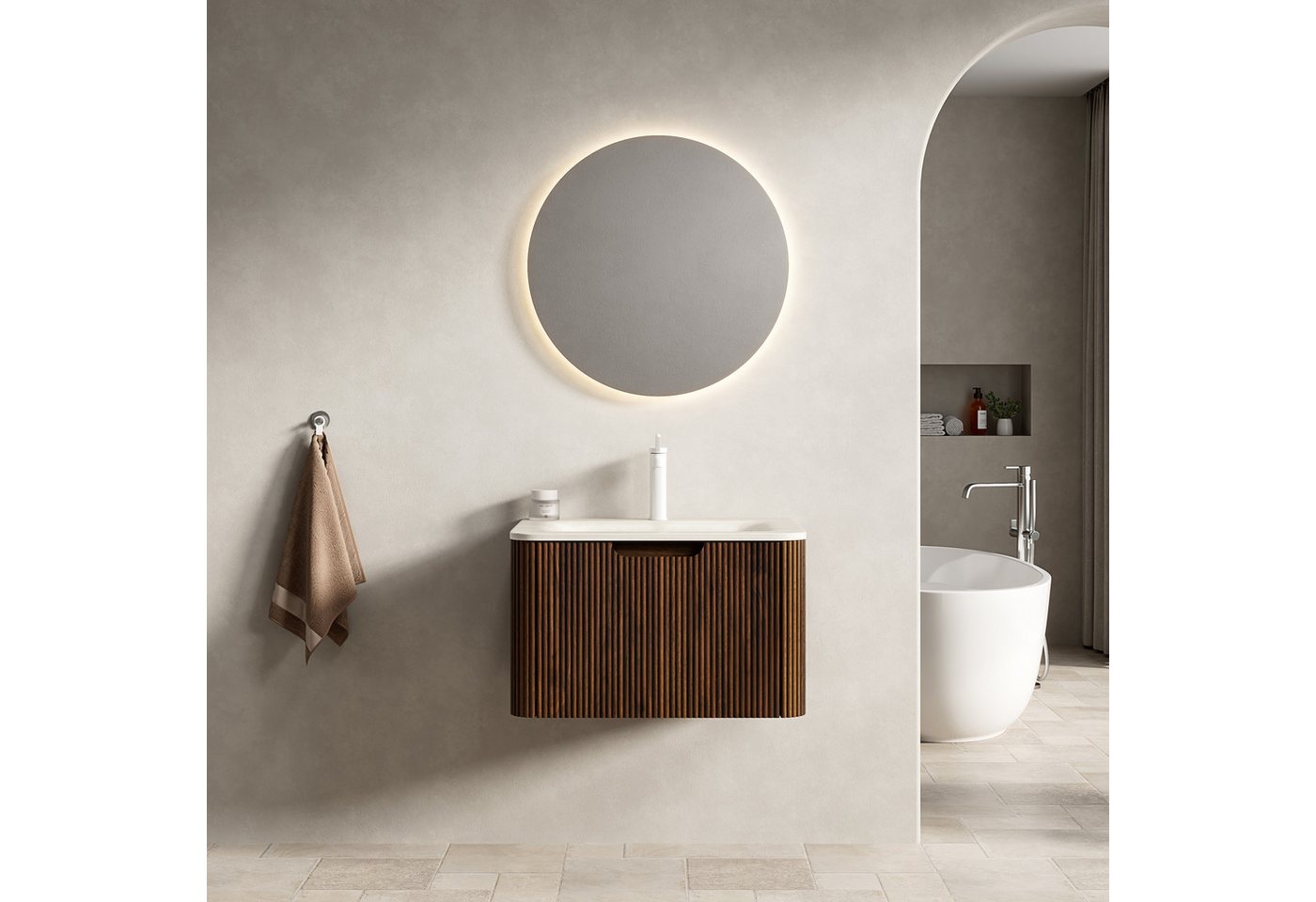 Odikalo Waschtisch mit Waschbecken Badmöbel Unterschrank Wandhalterung (ROZ 60cm / 80cm Wandmontie Badezimmer-Waschtisch mit Roma Travertin gesinterter Stein heißgebogenes Unterbau-Waschbecken, Gestreiftem Sperrholz Schrank mit Schublade, Vormontiert, Walnuss Holzmaserung Farbe) von Odikalo