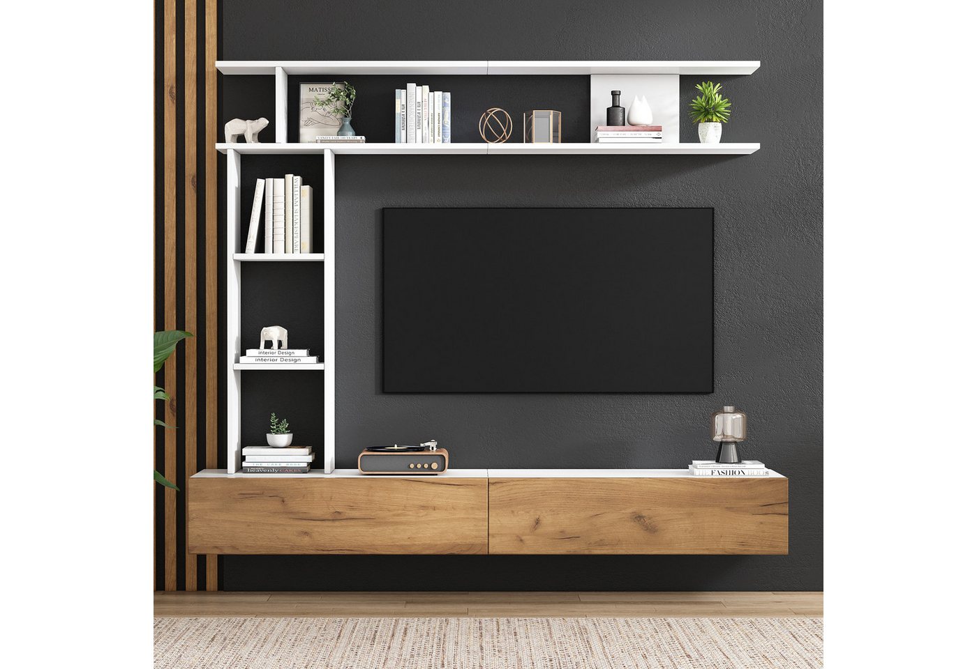 Odikalo Wohnwand Mediawand inkl. TV-Board, Standregal, Wandregal, (180*35*22.5cm TV Wohnwand-set mit Vitrinen, Mediawand inkl.TV-Board, Standregal und Wandregal, TV Wohnzimmermöbel-Set,TV-Schrank, stehend&hängend,TV bis 80', Weiß + Holzfarbe) von Odikalo