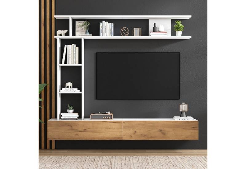 Odikalo Wohnwand Mediawand inkl. TV-Board, Standregal, Wandregal, (180*35*22.5cm TV Wohnwand-set mit Vitrinen, Mediawand inkl.TV-Board, Standregal und Wandregal, TV Wohnzimmermöbel-Set,TV-Schrank, stehend&hängend,TV bis 80', Weiß + Holzfarbe) Odikalo Wohnwand Mediawand inkl. TV-Board, Standregal, Wandregal, (180*35*22.5cm TV Wohnwand-set mit Vitrinen, Mediawand inkl.TV-Board, Standregal und Wandregal, TV Wohnzimmermöbel-Set,TV-Schrank, stehend&hängend,TV bis 80', Weiß + Holzfarbe) von Odikalo