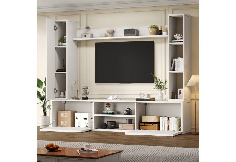 Odikalo Wohnwand Mediawand inkl.TV-Board,Standregal,2 Wandregal, (180x35x33.5cm TV Wohnwand-set mit Vitrinen (Komplett-Set, 4-St),TV Wohnzimmermöbel-Set,TV-Schrank, stehend&hängend,TV bis 80',Weiß, 4-St., Komplett-Set, Set) von Odikalo