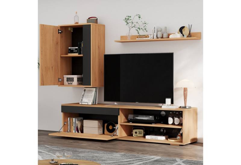 Odikalo Wohnwand Mediawand inkl.TV-Board Standregal Wandregal, (3-St) Natur Schwarz von Odikalo