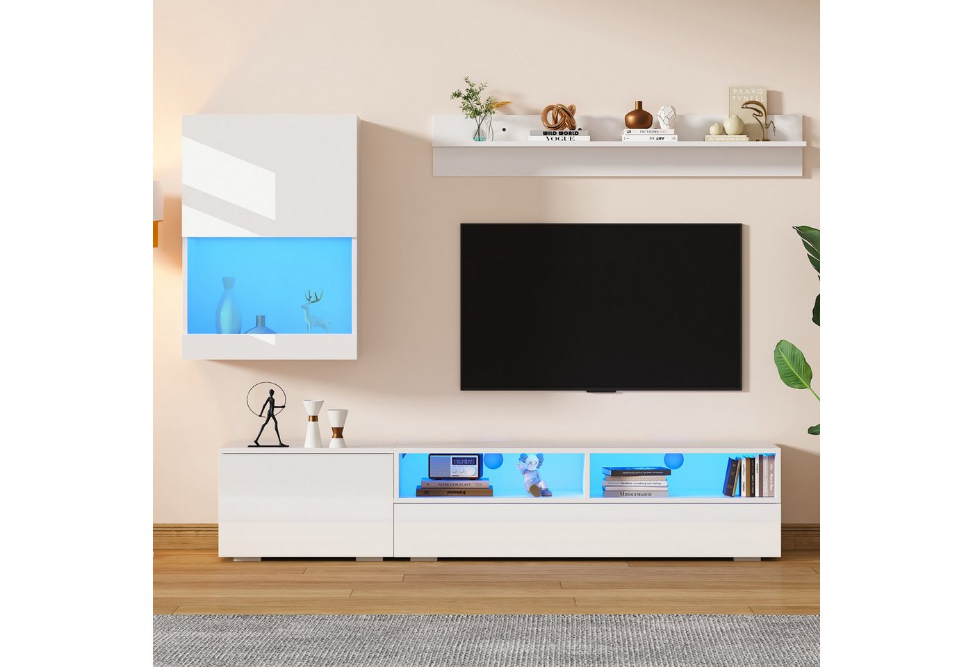 Odikalo Wohnwand Mediawand inkl.TV-Schrank,Standregal,2 Wandregal, mit LED, (175*39*34cm TV Wohnwand-set mit Vitrine (Komplett-Set, 3-St),Mediawand inkl.TV-Board, Standregal und Wandregal,TV Wohnzimmermöbel-Set mit LED und Hochglanz,TV-Schrank,stehend&hängend,TV bis 80',Weiß) von Odikalo