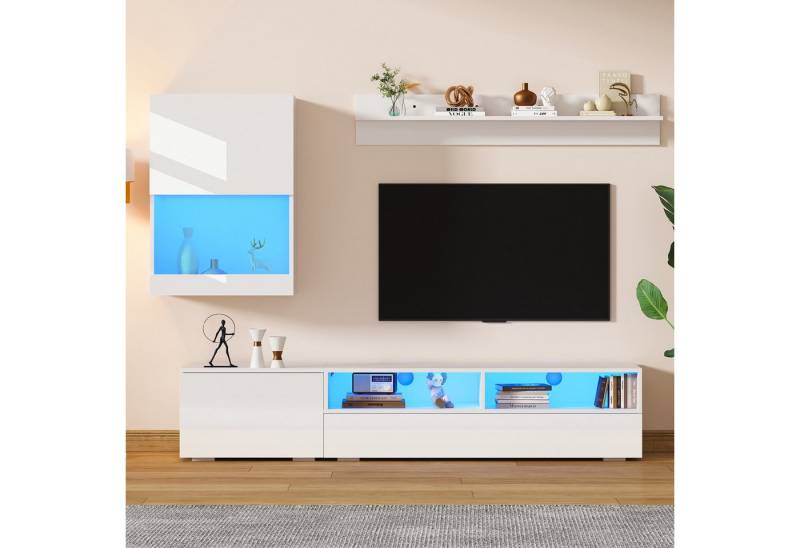 Odikalo Wohnwand Mediawand inkl.TV-Schrank,Standregal,2 Wandregal, mit LED, (175*39*34cm TV Wohnwand-set mit Vitrine (Komplett-Set, 3-St),Mediawand inkl.TV-Board, Standregal und Wandregal,TV Wohnzimmermöbel-Set mit LED und Hochglanz,TV-Schrank,stehend&hängend,TV bis 80',Weiß) von Odikalo