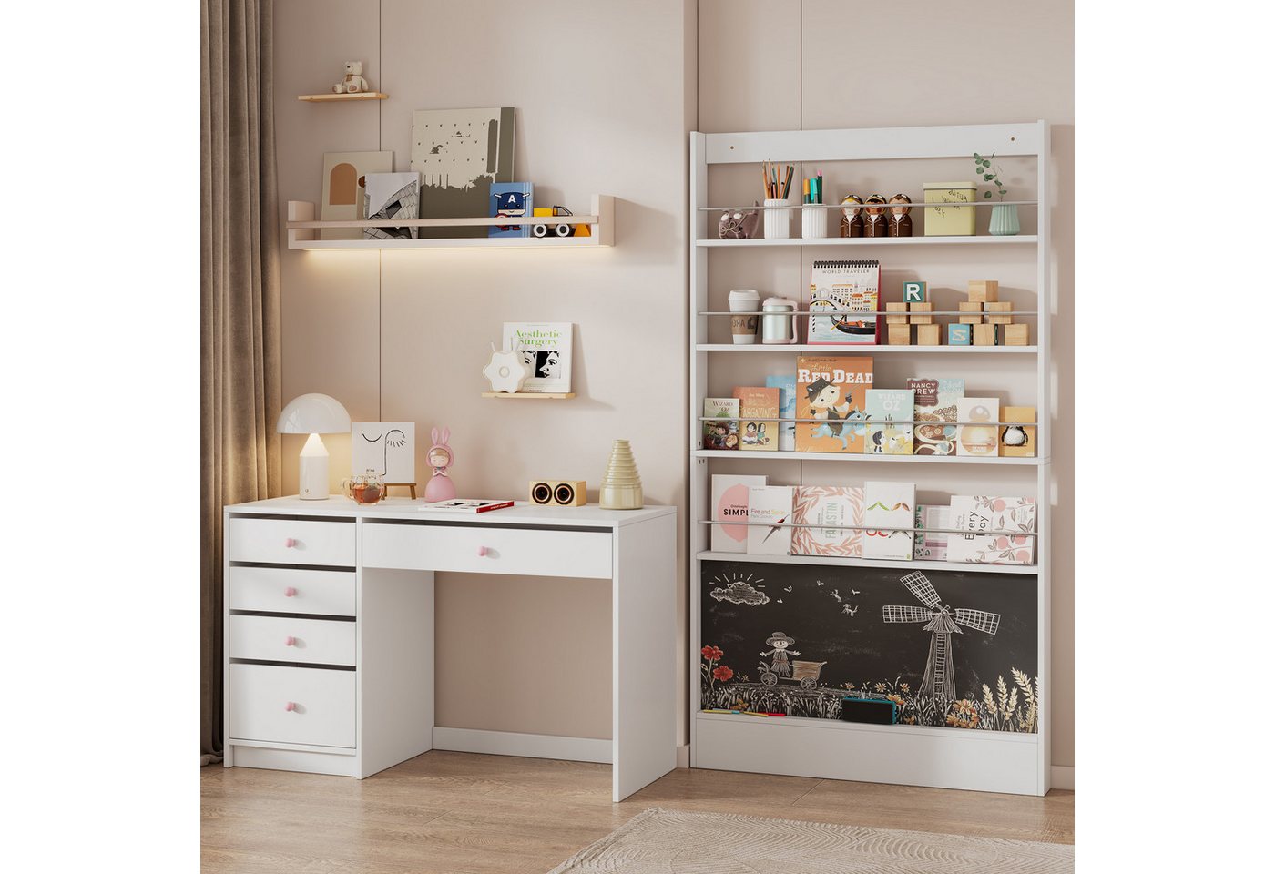 Odikalo Wohnzimmer-Set Schreibtisch und Bücherregal, Kommode Ausstellrega, (Schreibtisch + Bilderbuchregal-Kombination, Kindermöbel-Set, Schreibzimmermöbel, 2-teiliges Schreibtisch-Regal-Set, Weißes Set) von Odikalo