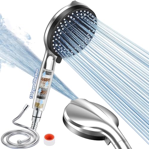 Duschkopf mit Filter, OdiuK Hochdruck Handbrause 15 Filtration 10 Strahlarten Wassersparend Duschbrause mit 1,5M Schlauch, Sparduschkopf für Entfernen vom Rest-Chlor harten Wasser Schwermetall von OdiuK