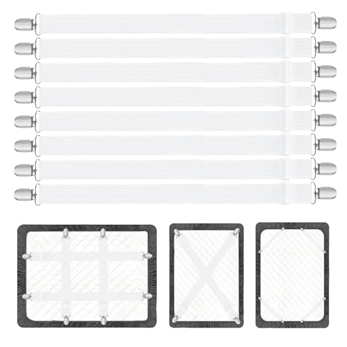 OdiuK 8 Stück Bettlakenspanner Verstellbar, 67–250cm Elastische Betttuchspanner mit Metallclips Spannbettlaken Halter Lakenspanner Weiß Bettlaken Spanngurte für Bettlaken Sofa Matratze Bügelbrett(Weiß von OdiuK