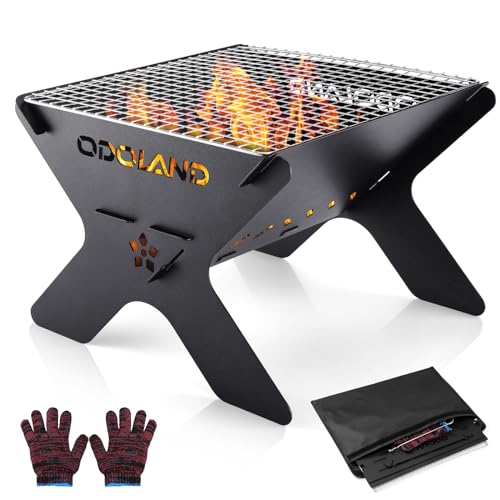 Odoland Camping-Feuerstelle, tragbare Feuerstelle für Camping, 2 in 1 Holzfeuergrill mit Abnehmbarer Kochplatte zum Grillen im Freien, mit Tragetasche von Odoland