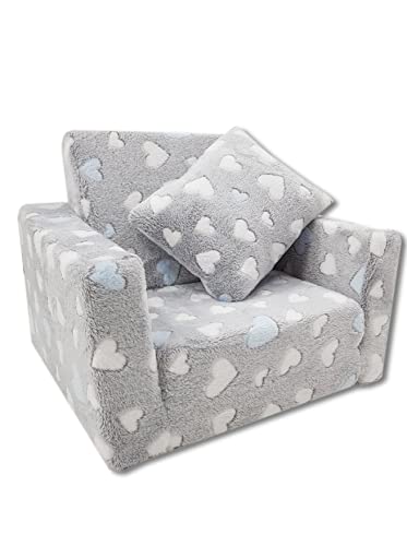 Odolplusz Kindersessel klappbar | Kindersofa Mini-Sessel Kinderstuhl Kuschelsessel | Kindermöbel für Kinderzimmer | (Herzen grau + blau) von Odolplusz