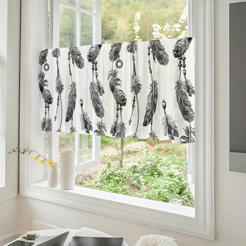 Odot 1 Panel Bistrogardine, Landhaus Scheibengardine, Küchengardinen mit Stangendurchzug, Vorhänge Wohnzimmer, Moderne Gardinen Kurz für Küchen Esszimmer Badezimmer (Graue Federn,W90*H60cm) von Odot