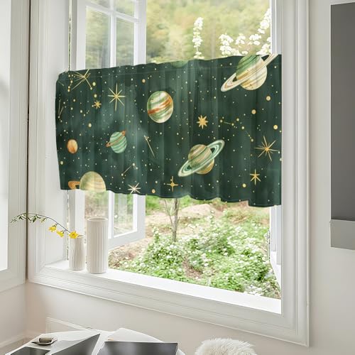 Odot 1 Panel Bistrogardine, Landhaus Scheibengardine, Küchengardinen mit Stangendurchzug, Vorhänge Wohnzimmer, Moderne Gardinen Kurz für Küchen Esszimmer Badezimmer (Planetenstil 2,W145*H55cm) von Odot