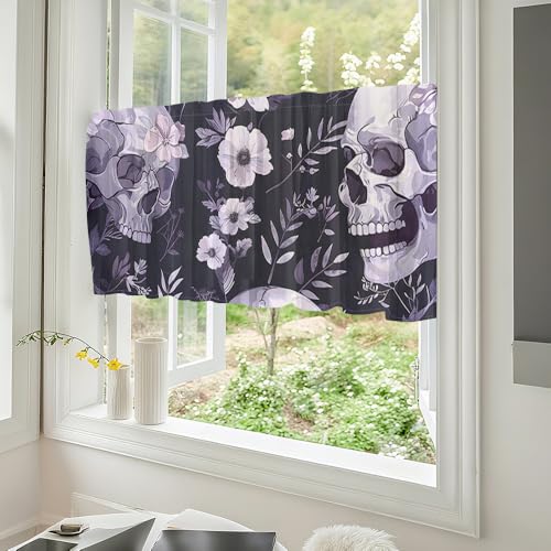 Odot 1 Panel Bistrogardine, Landhaus Scheibengardine, Küchengardinen mit Stangendurchzug, Vorhänge Wohnzimmer, Moderne Gardinen Kurz für Küchen Esszimmer Badezimmer (Totenkopfmuster 1,W90*H45cm) von Odot