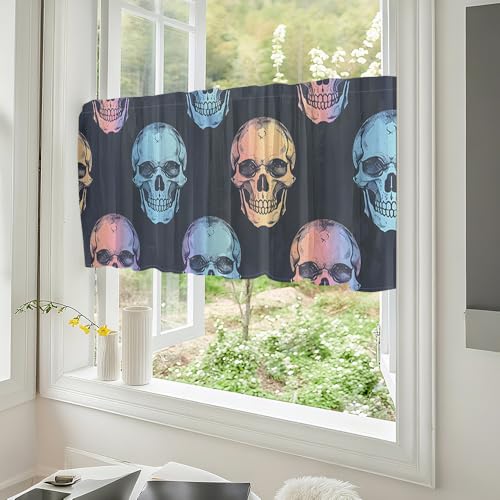 Odot 1 Panel Bistrogardine, Landhaus Scheibengardine, Küchengardinen mit Stangendurchzug, Vorhänge Wohnzimmer, Moderne Gardinen Kurz für Küchen Esszimmer Badezimmer (Totenkopfmuster 5,W90*H45cm) von Odot