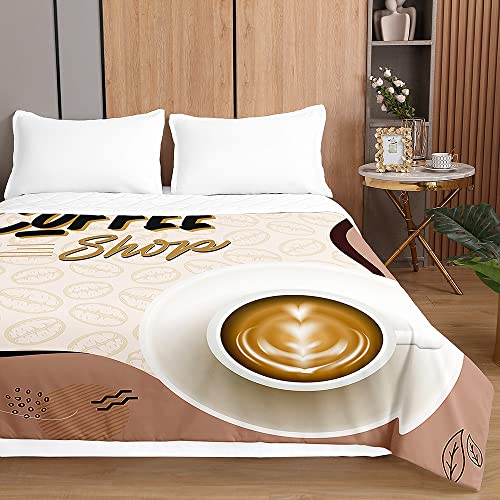 Odot 3D Kaffee Trinken Druck Tagesdecke Steppdecke Bettüberwurf Bettdecke Stepp Decke Sofaüberwurf Gesteppt Waschbare Klimaanlage Wohndecke Doppelbett Reisedecke (220x240cm,Beige) von Odot