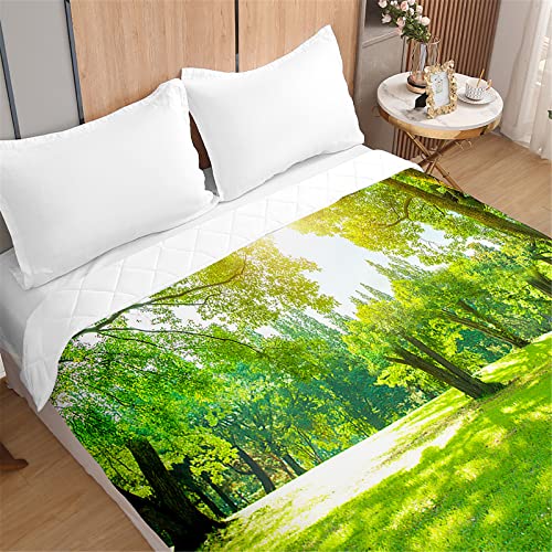 Odot 3D Wald Druck Tagesdecke Bettüberwurf Steppdecke für Doppelbett Einzelbett Kinder, Bettdecke Stepp Decke Tagesdecken mit Präge Wohndecke Gesteppt (Sonniger Frühling,180x220cm) von Odot