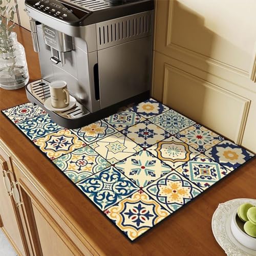 Odot Abtropfmatte für Geschirr, Abtropfmatte Geschirr Schnelltrocknend Geschirr, Kachel-Muster Abtropfmatte Kaffeemaschine Matte Kaffeematte für Küche Café Spüle Bad (Blau Gelb,40x50cm) von Odot