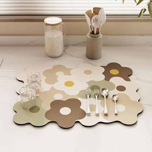 Odot Abtropfmatte für Geschirr, Bunte Blumenmuster Abtropfmatte Geschirr Schnelltrocknend Geschirr Abtropfmatte Kaffeemaschine Matte Kaffeematte (30x40cm,Braun) von Odot
