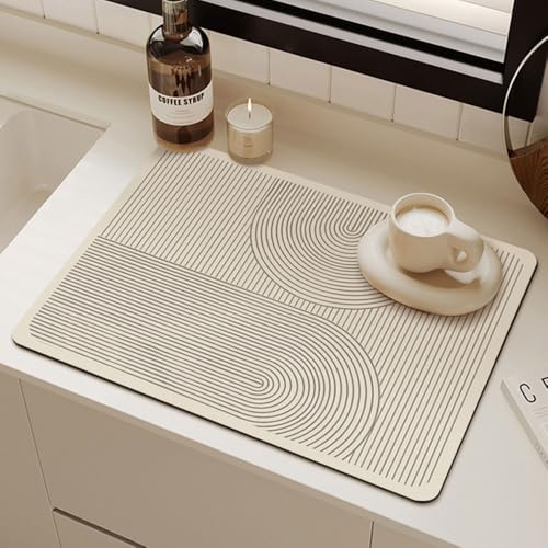 Odot Abtropfmatte für Geschirr, Linien-Design Beige Abtropfmatte Geschirr Schnelltrocknend Geschirr Abtropfmatte Kaffeemaschine Matte Kaffeematte (40x50cm,Oval) von Odot