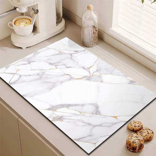 Odot Abtropfmatte für Geschirr, Marmor-Muster Abtropfmatte Geschirr Schnelltrocknend Geschirr Abtropfmatte Kaffeemaschine Matte Kaffeematte für Küche Café Spüle Bad (Blau-Weiß,40x60cm) von Odot