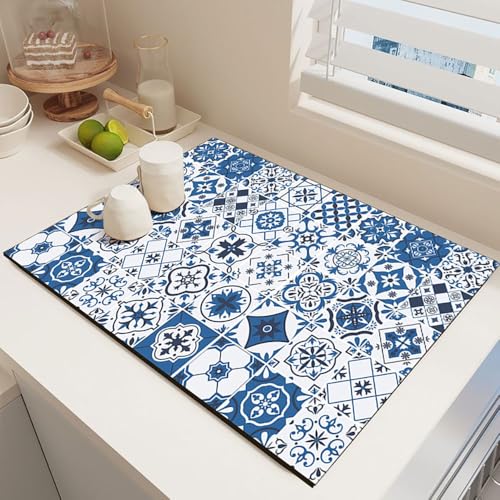 Odot Abtropfmatte für Geschirr, Marokko-Stil Abtropfmatte Geschirr Schnelltrocknend Geschirr, Abtropfmatte Kaffeemaschine Matte Kaffeematte (Blau,30x40cm) von Odot