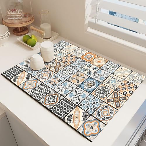 Odot Abtropfmatte für Geschirr, Marokko-Stil Abtropfmatte Geschirr Schnelltrocknend Geschirr, Abtropfmatte Kaffeemaschine Matte Kaffeematte (Himmelblau,40x60cm) von Odot