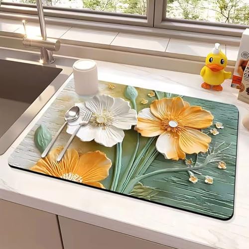 Odot Abtropfmatte für Geschirr, Ölgemälde-Stil Abtropfmatte Geschirr Schnelltrocknend Geschirr Abtropfmatte Kaffeemaschine Matte Kaffeematte für Küche Café Spüle Bad (Gelb,30x40cm) von Odot
