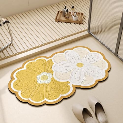 Odot Badematte rutschfest, Abstrakte Blumen Schnelltrocknende Super Saugfähig Badezimmerteppich, Kieselgur Duschmatte Absorbierende Badvorleger für Dusche Badewannen (Gelb,40x60cm) von Odot